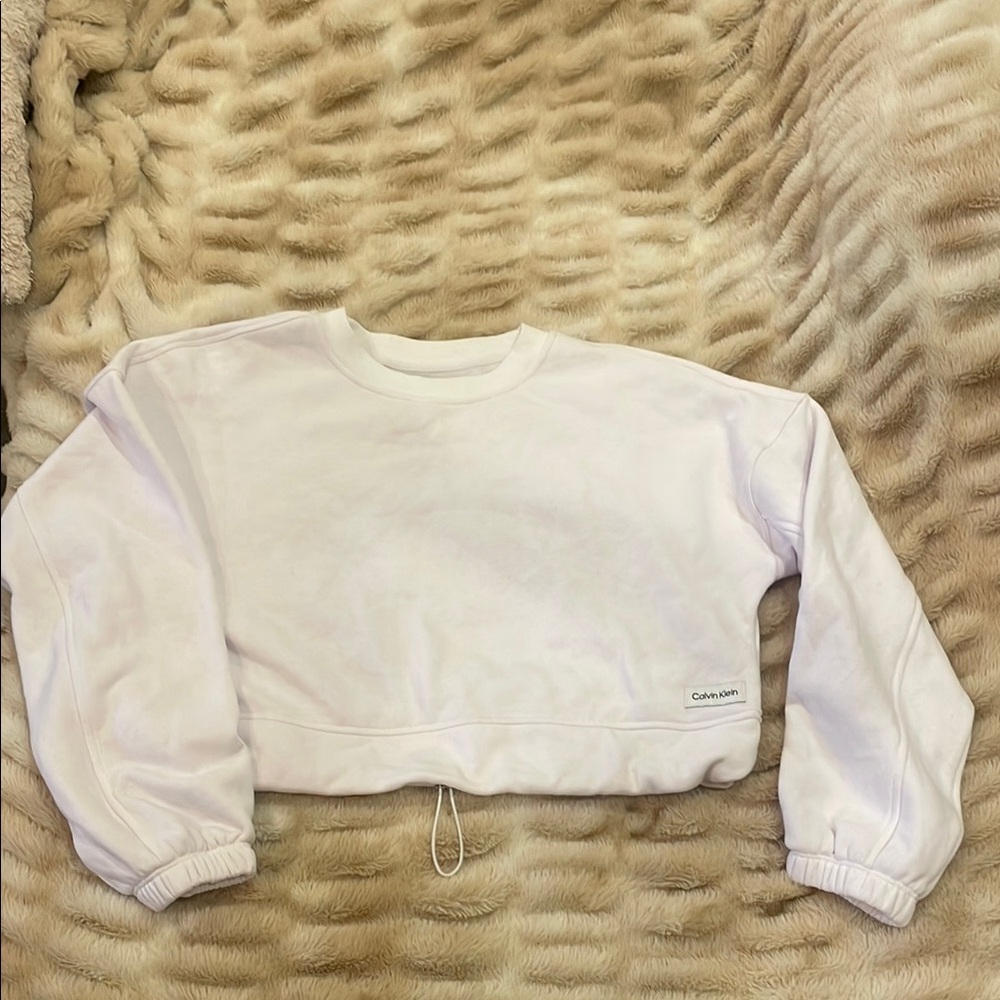 Calvin Klein White Crew Neck Sweatshirt with Ribbed Cuffs